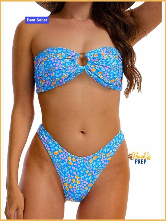 Other - Floral Printed Bandeau Thong Cheeky Bikini Set High Cut Tie Side